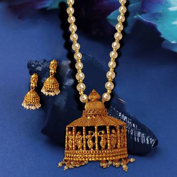 Matte Gold Finish Temple Dancing Women with Silver Pearl Moti Chain Jewellery Imitation Necklace Set 1