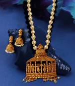 Matte Gold Finish Temple Dancing Women with Silver Pearl Moti Chain Jewellery Imitation Necklace Set