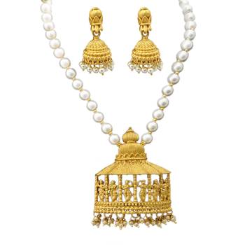 Matte Gold Finish Temple Dancing Women with Silver Pearl Moti Chain Jewellery Imitation Necklace Set 2