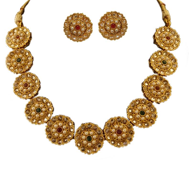 High Gold Finish U Shape Flower Design Diamond and Ruby Green Short Necklace