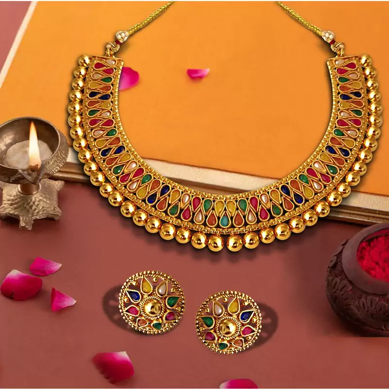 U Shape zinc Necklace Set Jewelry for Women with Multicoloured Leaf Shaped Pearls
