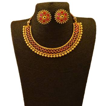 OyeKudiye U Shape Ruby Moti Pearl Colour Squared Shaped Copper Necklace Jewelry with Matching Earring Set 2