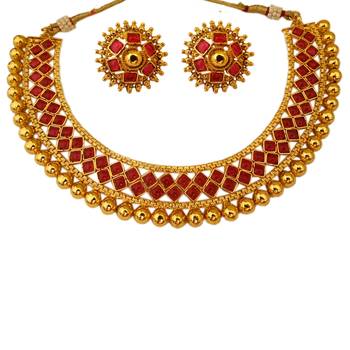 OyeKudiye U Shape Ruby Moti Pearl Colour Squared Shaped Copper Necklace Jewelry with Matching Earring Set 1