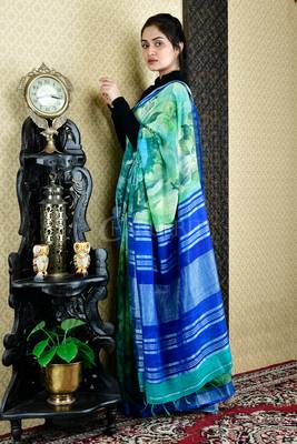 Sky Blue And Green Floral Printed Cotton Blended Linen With Royal Blue Zari Border 3