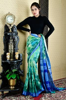 Sky Blue And Green Floral Printed Cotton Blended Linen With Royal Blue Zari Border 1