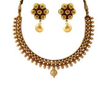 Gold Polish Small U Shaped Short Necklace with Flower Designs and with Matching Earring Sets Set 2