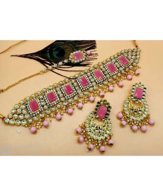 Ethinc Indian Bollywood Pink Kundan Pearl Choker Jewelry Set 1