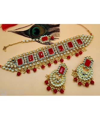 Ethinc Indian Bollywood Red Kundan Pearl Choker Jewelry Set 1