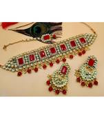 Ethinc Indian Bollywood Red Kundan Pearl Choker Jewelry Set