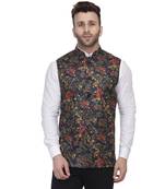 Blue Printed Jute Nehru Jacket