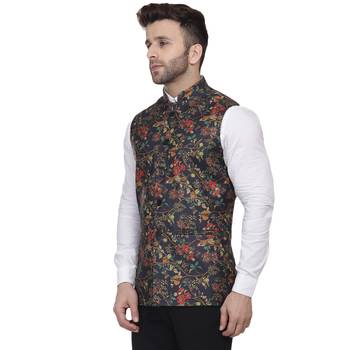 Blue Printed Jute Nehru Jacket 2