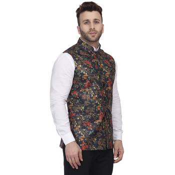 Blue Printed Jute Nehru Jacket 3