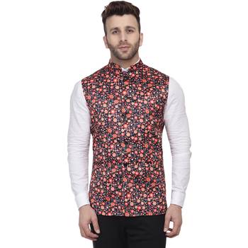 Black Printed Satin Nehru Jacket 1