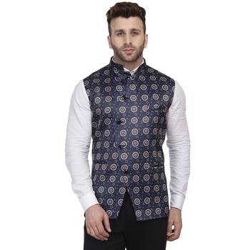 Blue Printed Satin Nehru Jacket 1