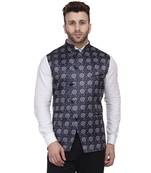 Blue Printed Satin Nehru Jacket