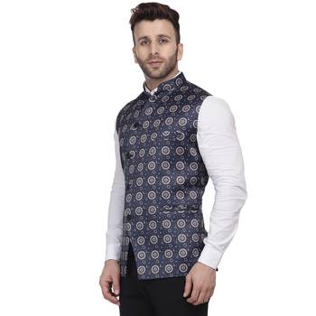 Blue Printed Satin Nehru Jacket 2