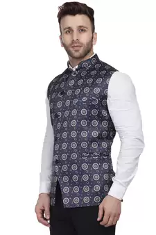 Blue Printed Satin Nehru Jacket