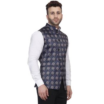 Blue Printed Satin Nehru Jacket 3