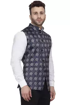 Blue Printed Satin Nehru Jacket