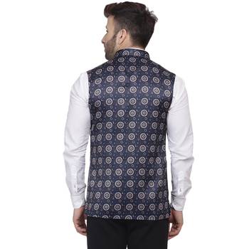 Blue Printed Satin Nehru Jacket 4