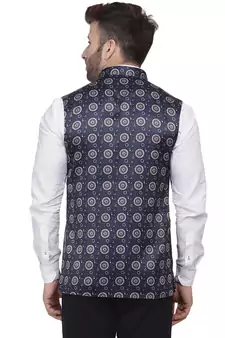 Blue Printed Satin Nehru Jacket