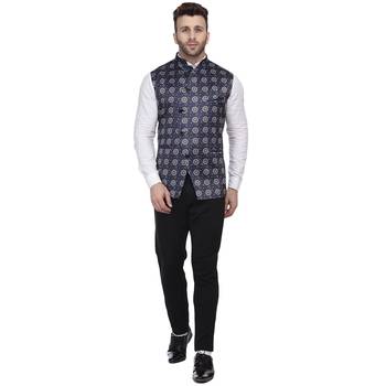 Blue Printed Satin Nehru Jacket 5