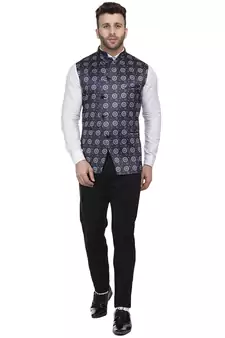 Blue Printed Satin Nehru Jacket