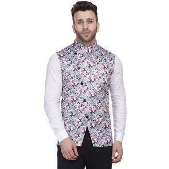 Grey Printed Satin Nehru Jacket 1