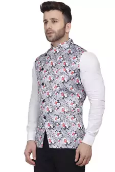 Grey Printed Satin Nehru Jacket
