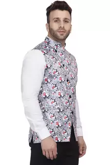 Grey Printed Satin Nehru Jacket