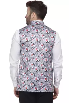 Grey Printed Satin Nehru Jacket