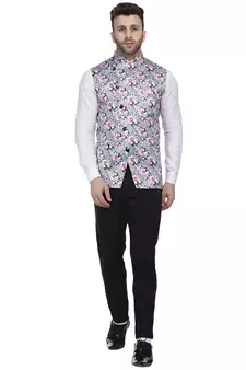Grey Printed Satin Nehru Jacket