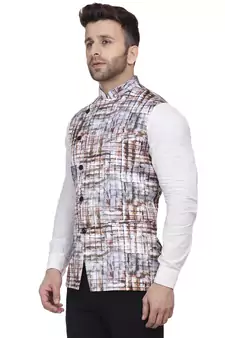 Grey Printed Satin Nehru Jacket