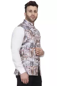 Grey Printed Satin Nehru Jacket
