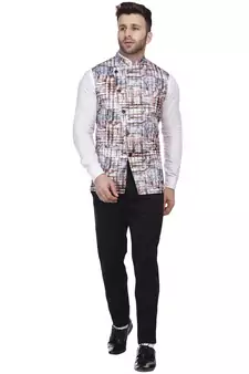 Grey Printed Satin Nehru Jacket