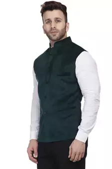 Green Plain Velvet Nehru Jacket