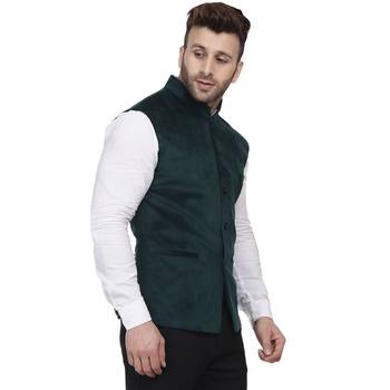 Green Plain Velvet Nehru Jacket 3
