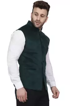 Green Plain Velvet Nehru Jacket