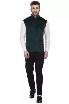 Green Plain Velvet Nehru Jacket