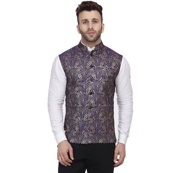 Blue Printed Jacquard Nehru Jacket 1