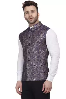 Blue Printed Jacquard Nehru Jacket