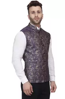 Blue Printed Jacquard Nehru Jacket