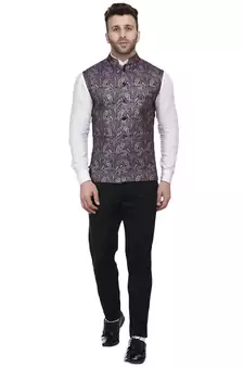 Blue Printed Jacquard Nehru Jacket