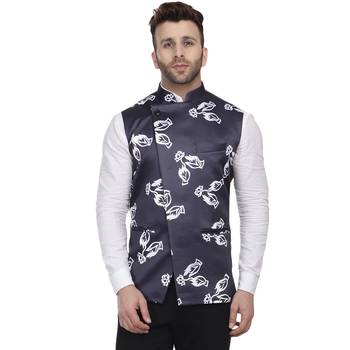 Blue Printed Satin Nehru Jacket 1