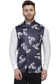 Blue Printed Satin Nehru Jacket