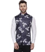 Blue Printed Satin Nehru Jacket