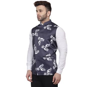 Blue Printed Satin Nehru Jacket 2