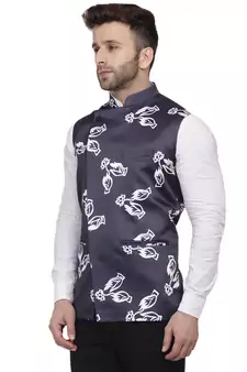 Blue Printed Satin Nehru Jacket