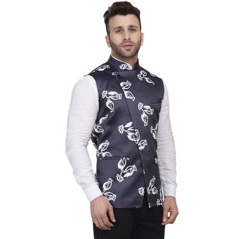 Blue Printed Satin Nehru Jacket 3