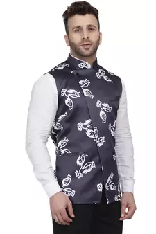 Blue Printed Satin Nehru Jacket